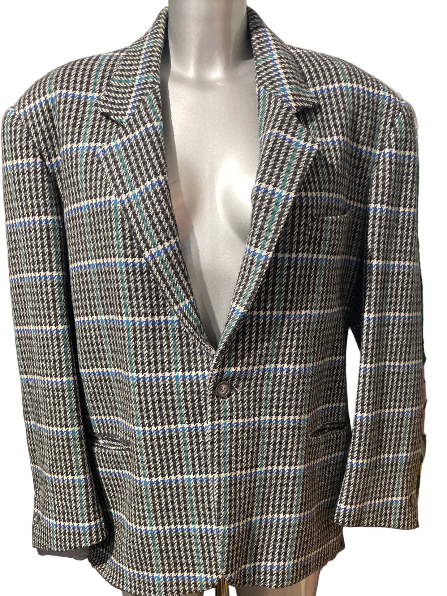 ♻️ Vintage tweed blazer-blå, grå, svart og hvit. Str S. Tilstand: veldig god; ingen hull, flekker eller synlig slitasje