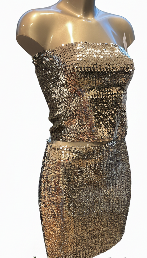 🆕Kun 1 igjen! Paljettdrakt skjørt og tubetopp- Tilstand: Veldig god – ingen hull, flekker eller synlig slitasje - str S