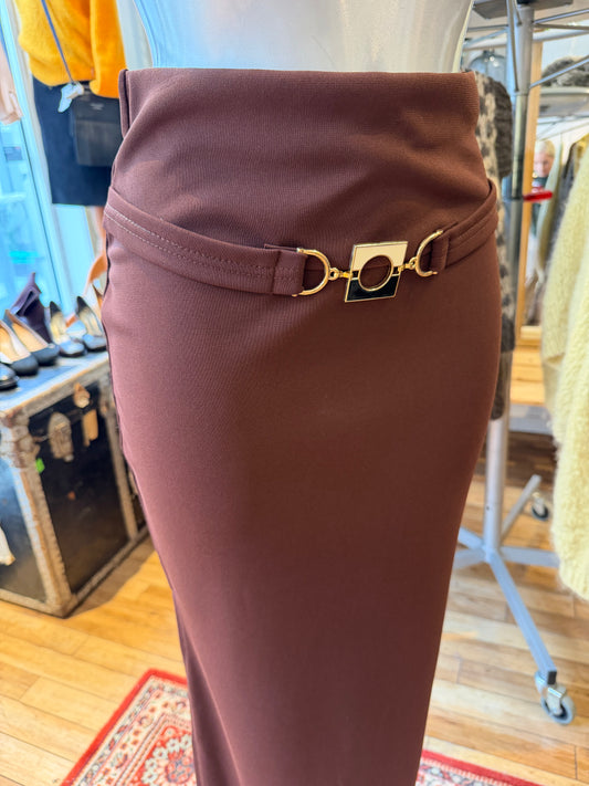 Vintage brunt langt skjørt med fast belte ca strl M- stretch